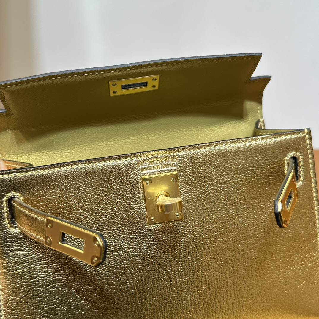 愛馬仕迷你凱莉2代Hermes Kelly Mini Sellier 山羊皮 Y9 DORE 鎏金色金色五金
