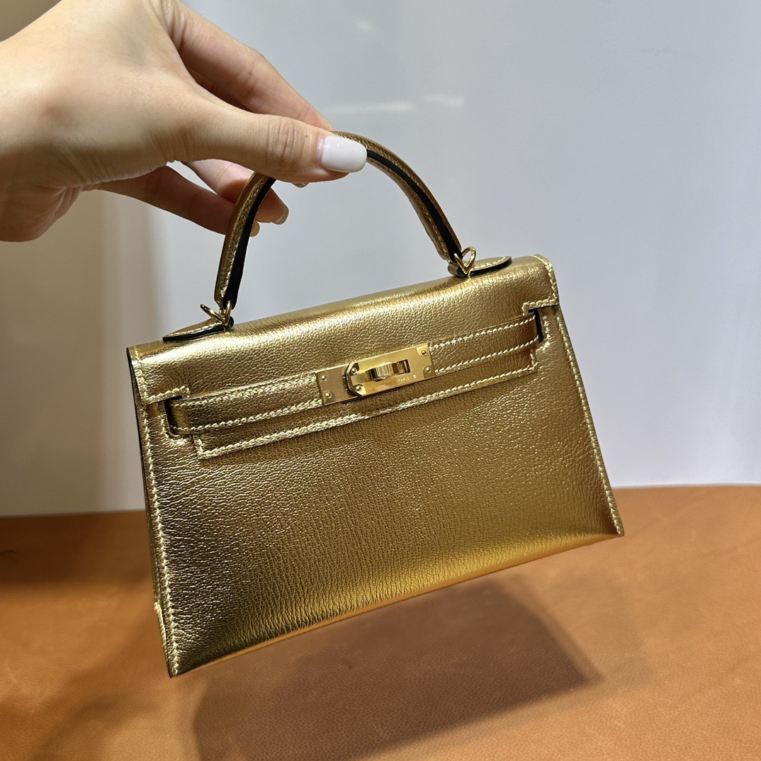 愛馬仕迷你凱莉2代Hermes Kelly Mini Sellier 山羊皮 Y9 DORE 鎏金色金色五金