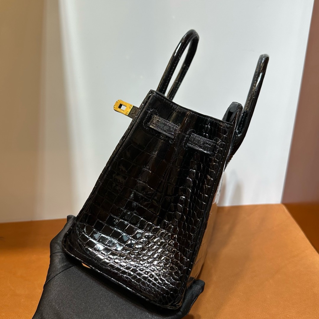 愛馬仕鱷魚皮女包鉑金包 Hermes Birkin 25 HCP 亮面“V”倒V灣鱷鱷魚皮黑色金色五金