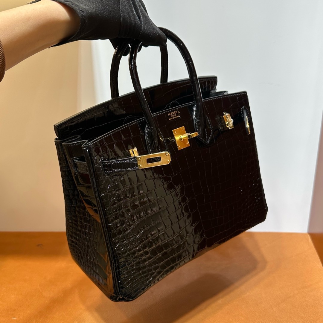 愛馬仕鱷魚皮女包鉑金包 Hermes Birkin 25 HCP 亮面“V”倒V灣鱷鱷魚皮黑色金色五金