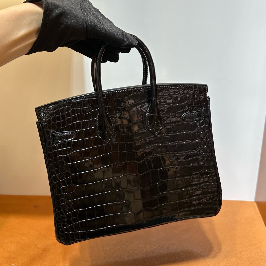 愛馬仕鱷魚皮女包鉑金包 Hermes Birkin 25 HCP 亮面“V”倒V灣鱷鱷魚皮黑色金色五金