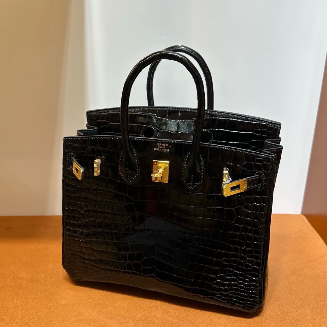 愛馬仕鱷魚皮女包鉑金包 Hermes Birkin 25 HCP 亮面“V”倒V灣鱷鱷魚皮黑色金色五金