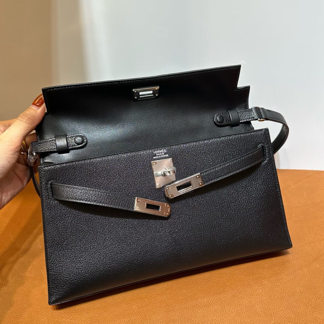 愛馬仕凱莉包包圖片大全 Hermes Kelly Elan 山羊皮 Noir 黑色銀色五金