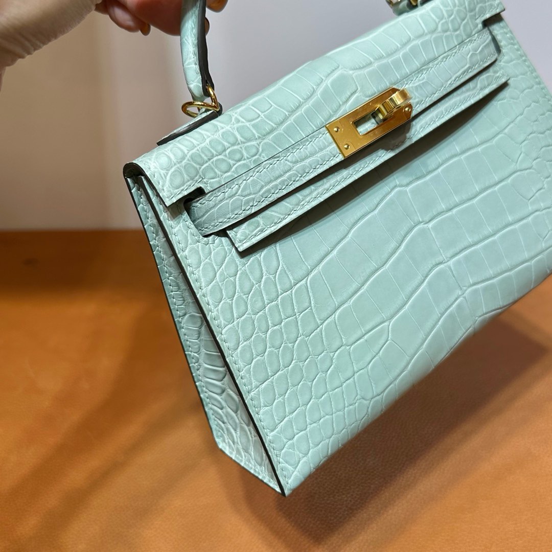 愛馬仕凱莉迷你款價格 Hermes Kelly Mini Sellier Vert d'eau 新薄荷綠 霧面“口“方塊美洲鱷魚