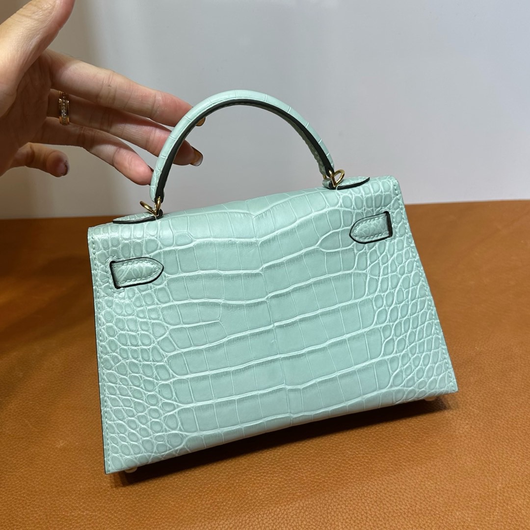 愛馬仕凱莉迷你款價格 Hermes Kelly Mini Sellier Vert d'eau 新薄荷綠 霧面“口“方塊美洲鱷魚