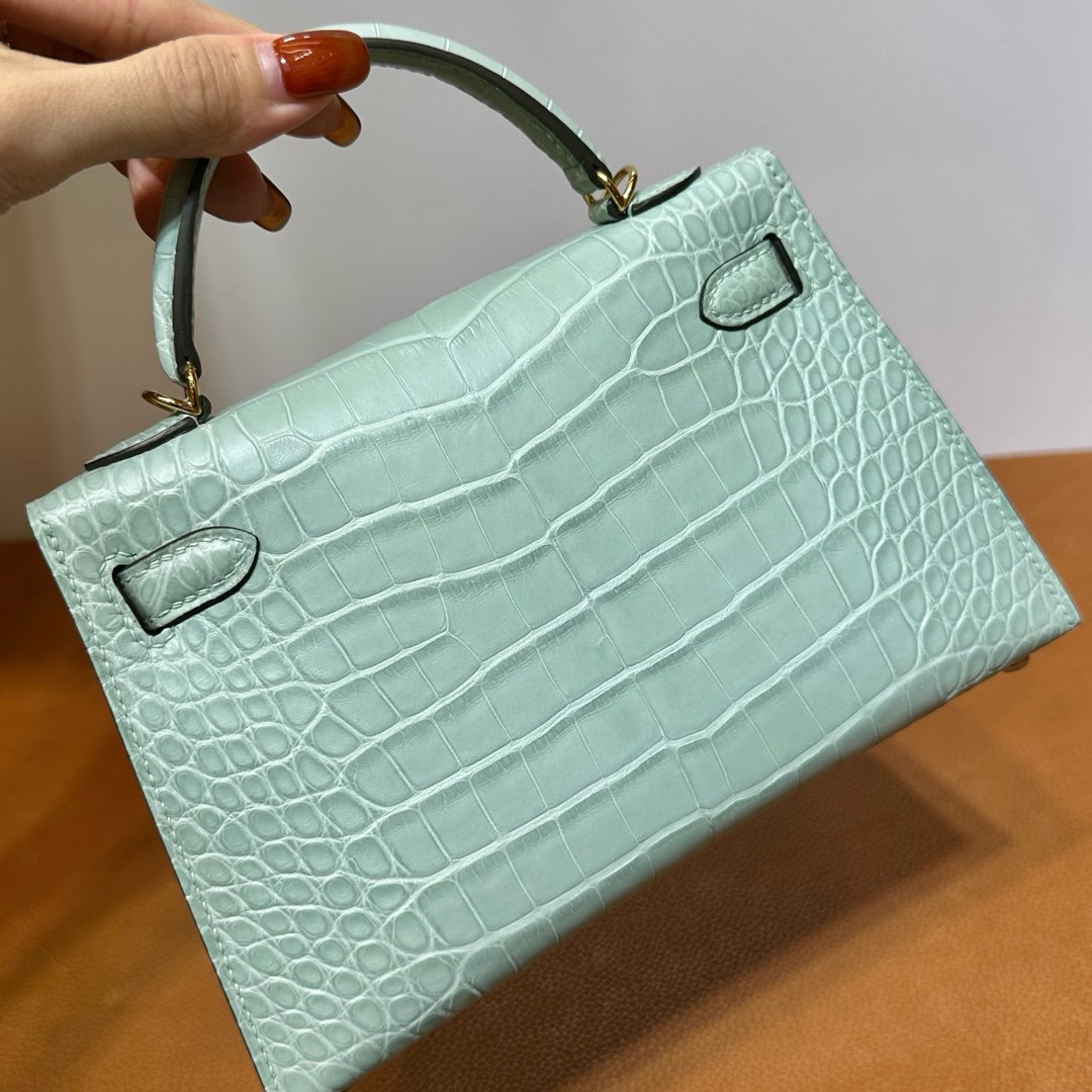 愛馬仕凱莉迷你款價格 Hermes Kelly Mini Sellier Vert d'eau 新薄荷綠 霧面“口“方塊美洲鱷魚