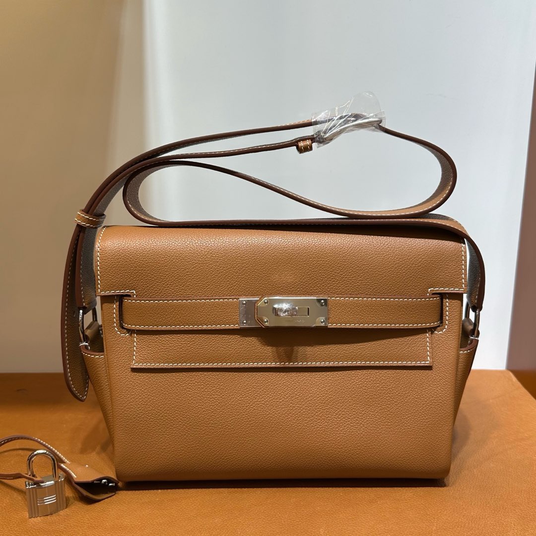 愛馬仕郵差包專櫃價格多少錢 Hermes Kelly Messenger Evercolor CK37 Gold金棕色 銀色五金