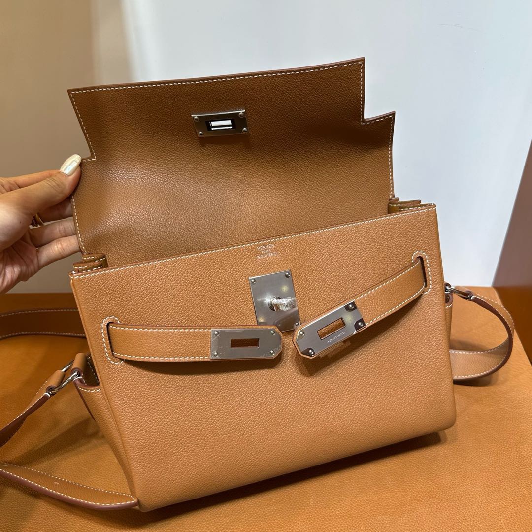 愛馬仕郵差包專櫃價格多少錢 Hermes Kelly Messenger Evercolor CK37 Gold金棕色 銀色五金