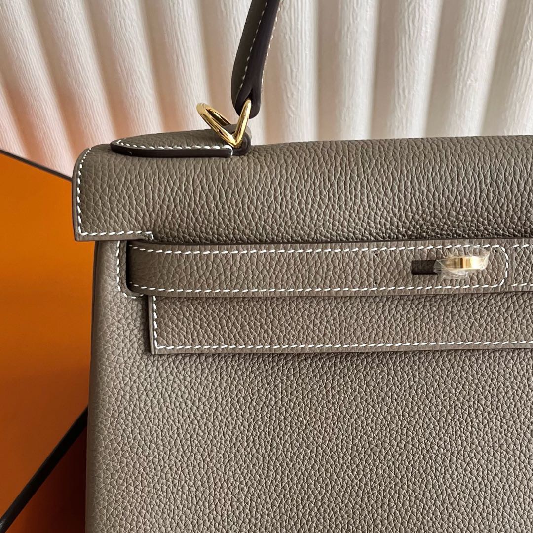 愛馬仕凱莉包包圖片Hermes Kelly Retourne 28 Togo Etoupe大象灰金色五金