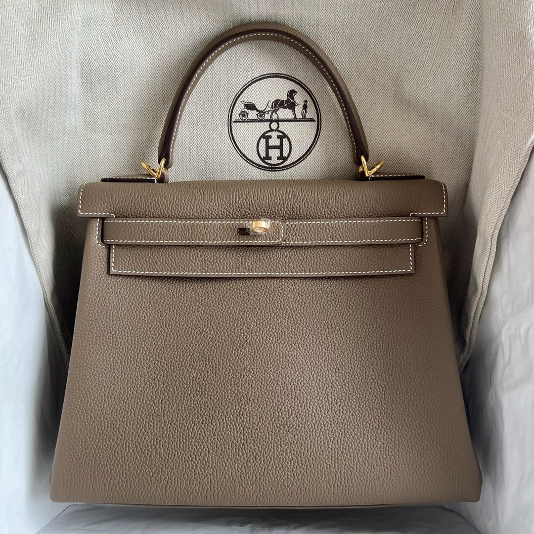 愛馬仕凱莉包包圖片Hermes Kelly Retourne 28 Togo Etoupe大象灰金色五金