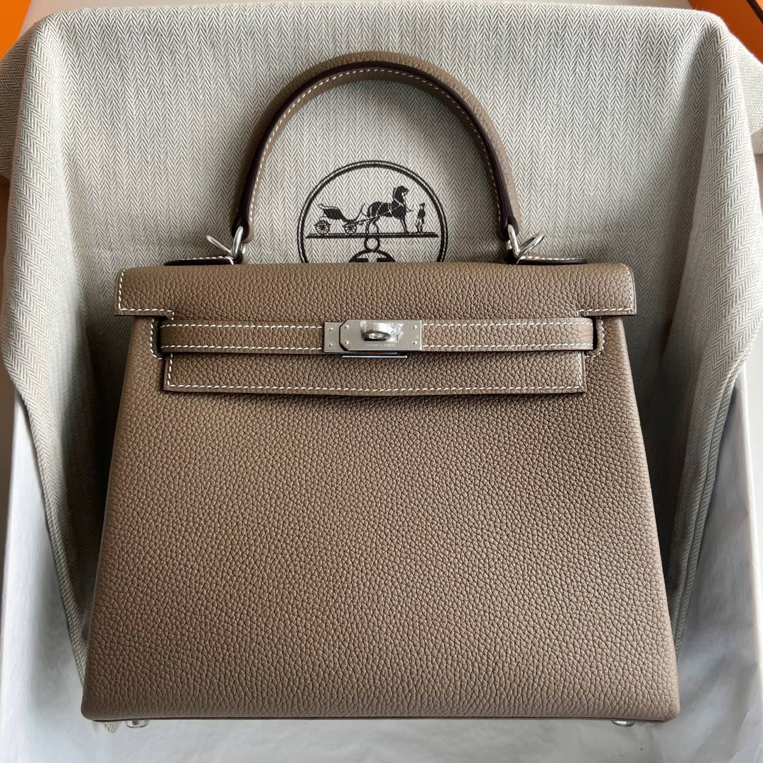 愛馬仕凱莉包包25多少錢 Hermes Kelly Retourne 25 Togo Etoupe大象灰银色五金