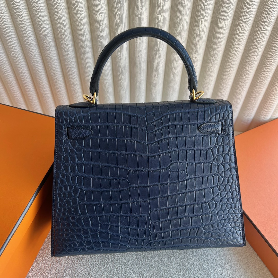 愛馬仕凱莉25專櫃價格 Hermes Kelly Sellier 25 Aizome 藍染 霧面“V”倒V灣鱷鱷魚 金色五金