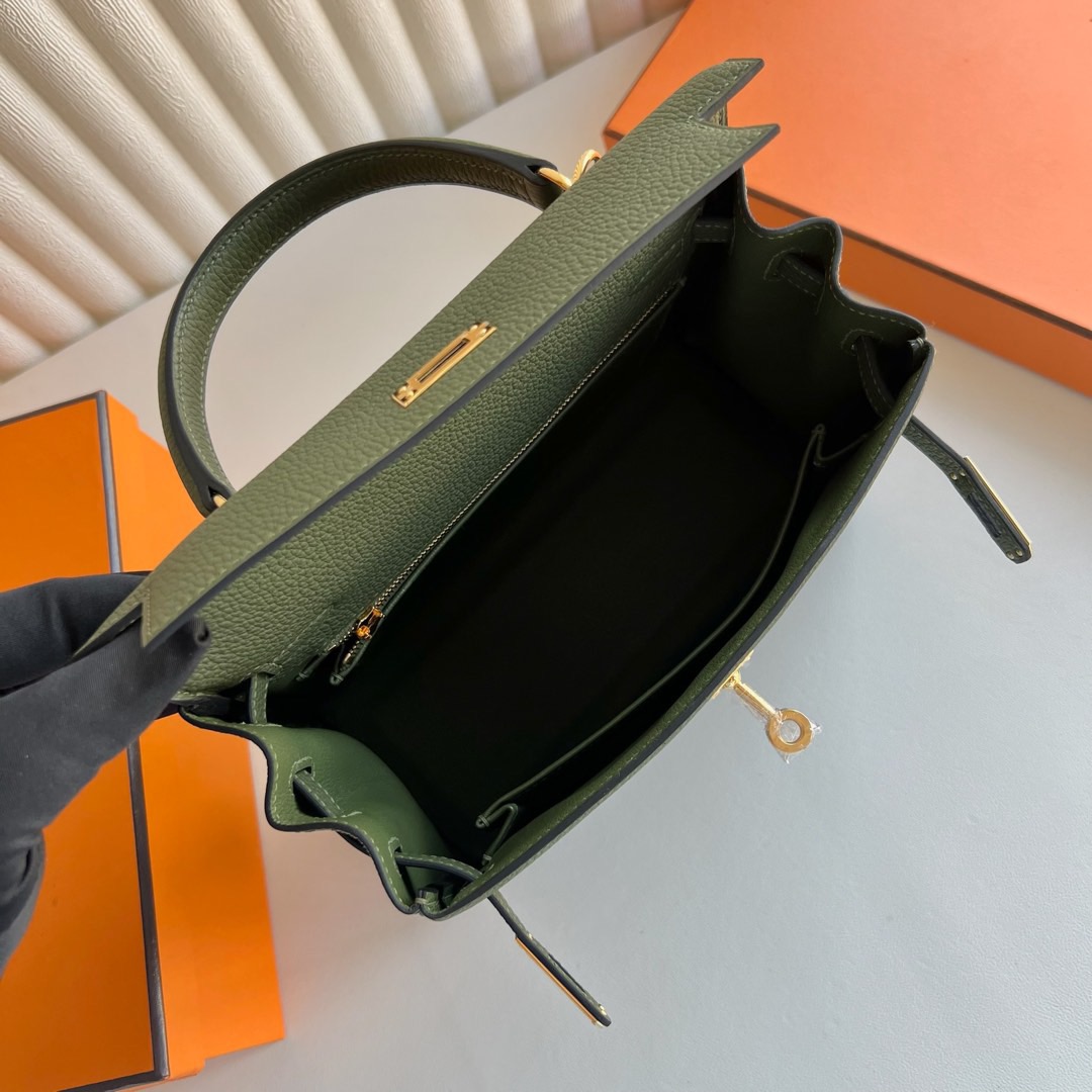 愛馬仕凱莉包25寸價格 Hermes Kelly Retourne 25 Togo Color V6 Canopée 叢林綠金色五金