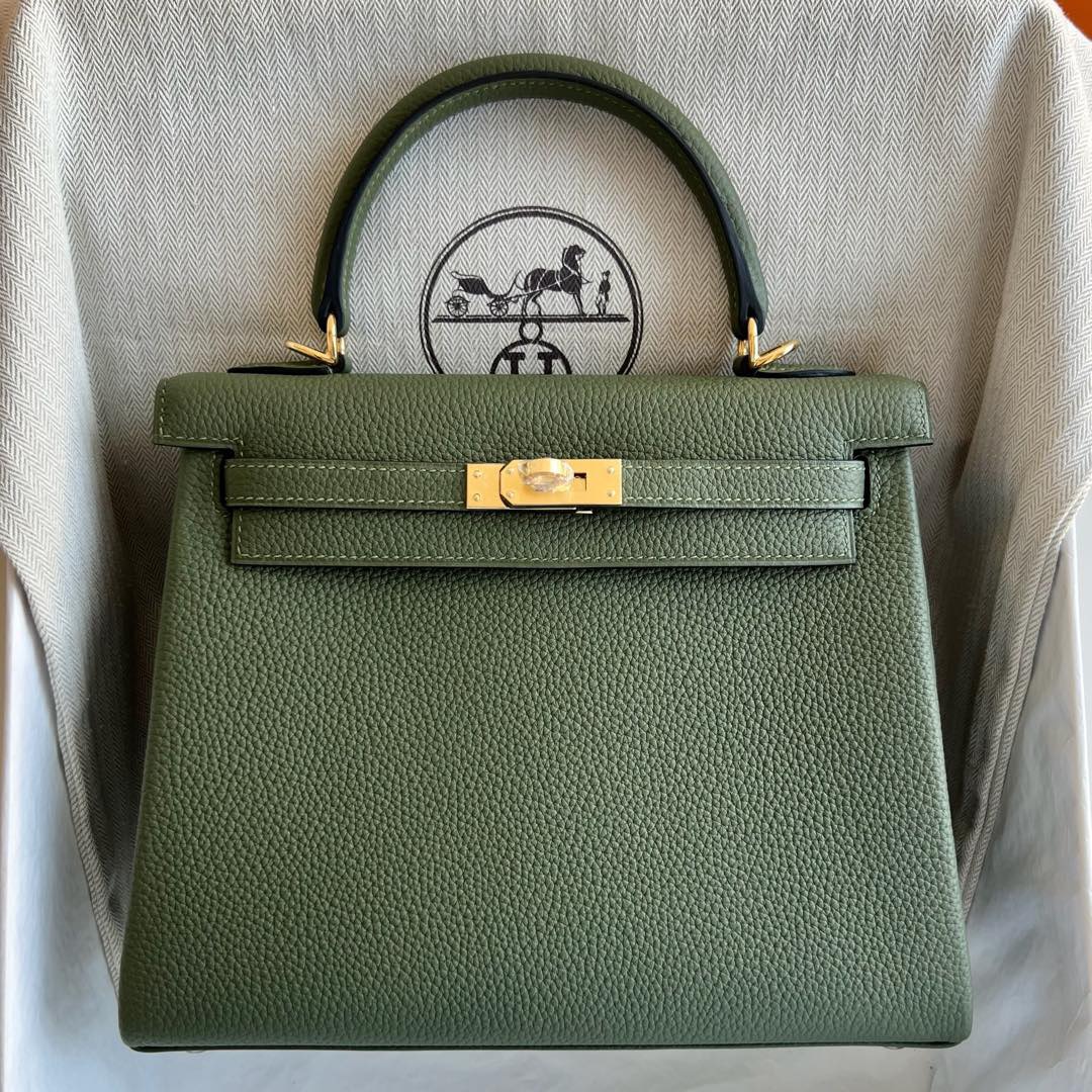 愛馬仕凱莉包25寸價格 Hermes Kelly Retourne 25 Togo Color V6 Canopée 叢林綠金色五金