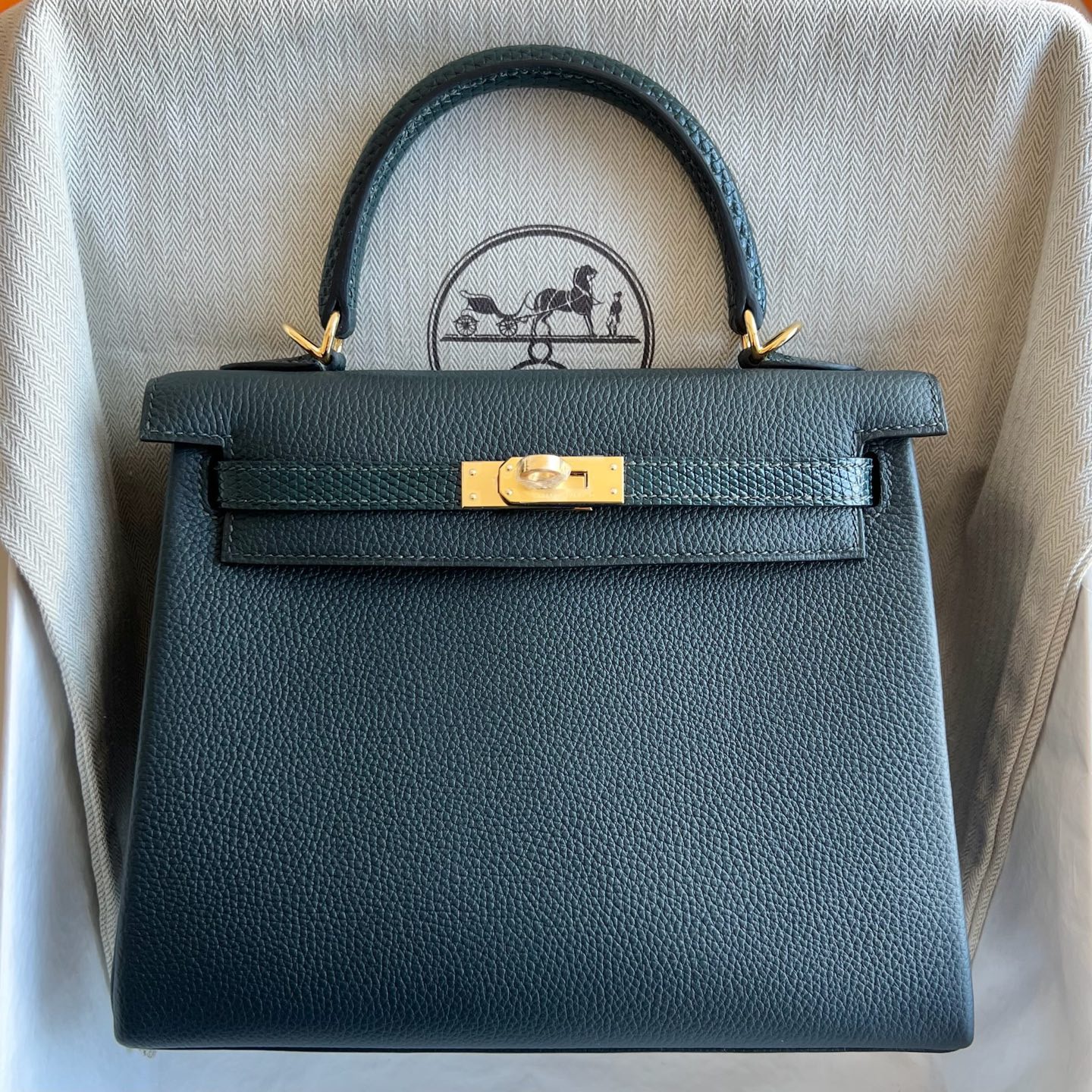 愛馬仕凱莉包什麼價格Hermes Kelly Retourne 25 Touch Togo/Lizard Vert rousseau盧梭綠 Vert cypres松柏綠