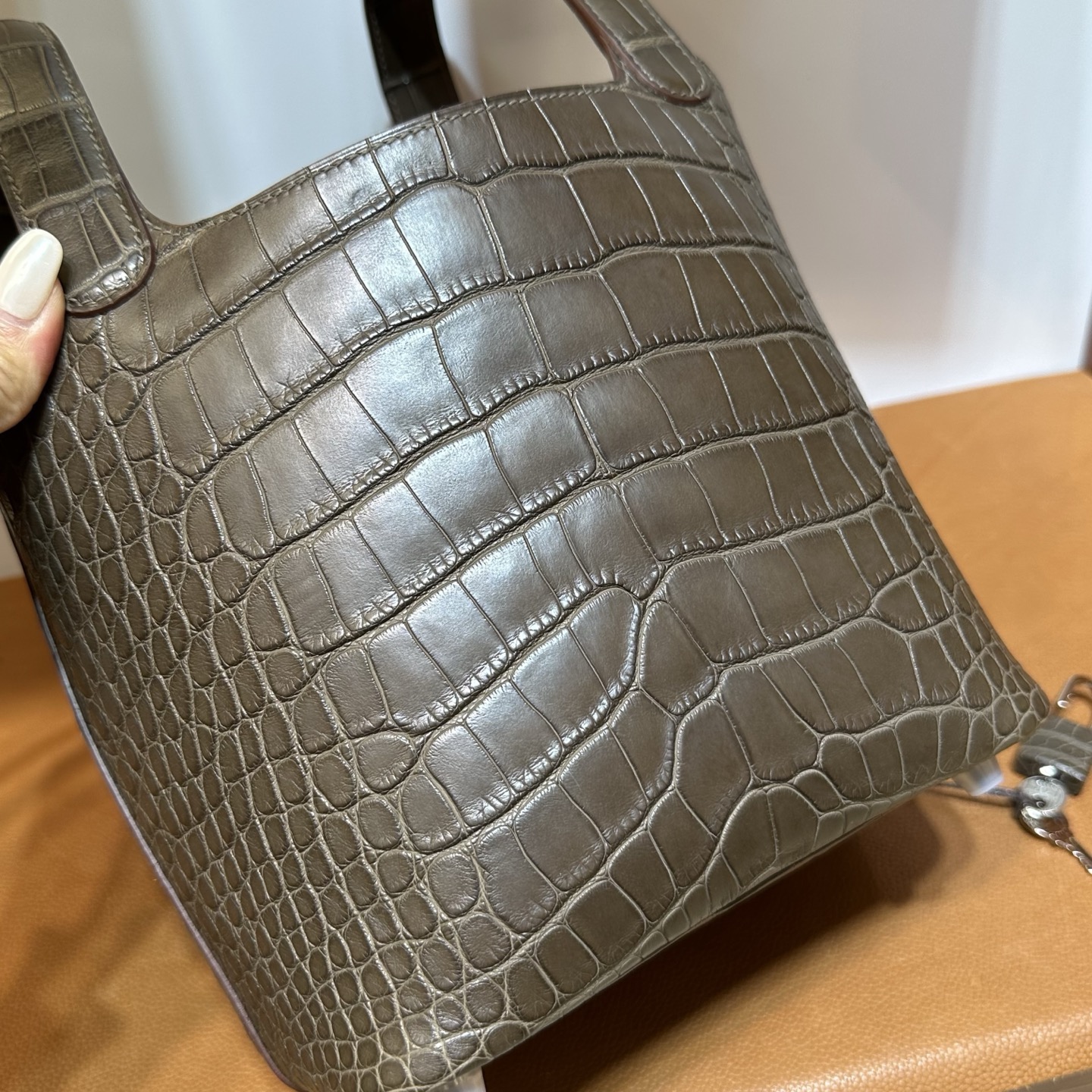 愛馬仕包包菜籃子圖片 Hermes Picotin Lock 18霧面“口“方塊美洲鱷魚Etoupe大象灰