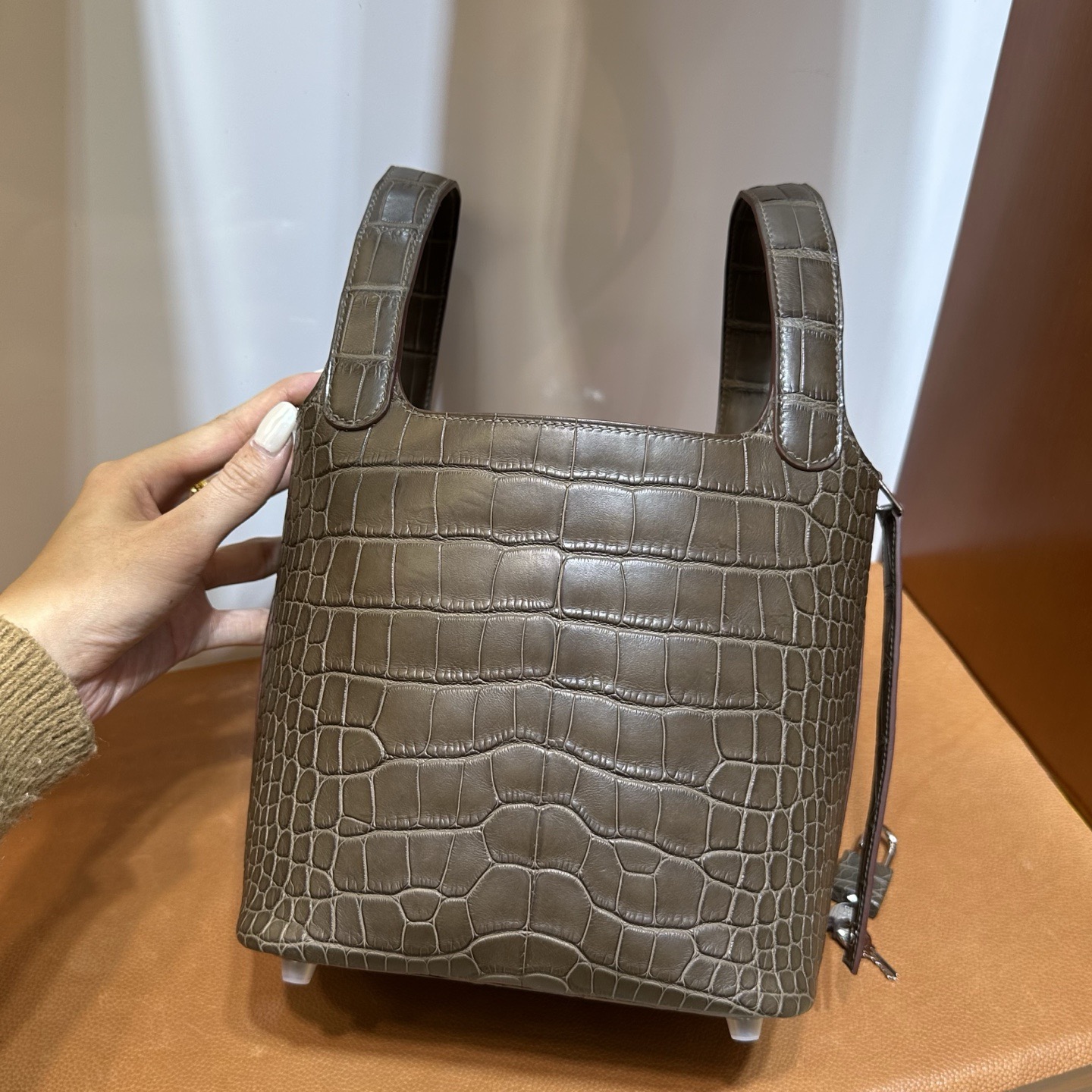 愛馬仕包包菜籃子圖片 Hermes Picotin Lock 18霧面“口“方塊美洲鱷魚Etoupe大象灰