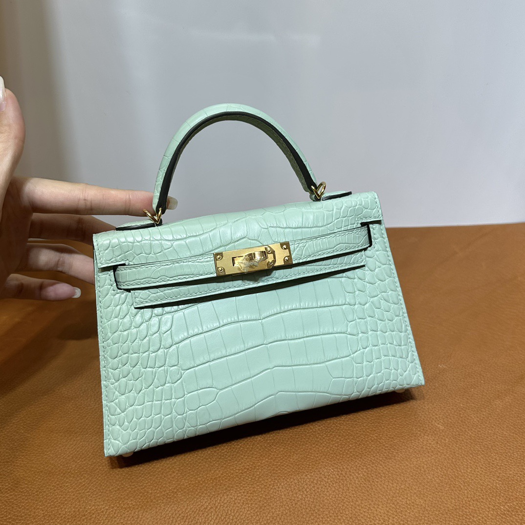 愛馬仕凱莉迷你款價格Hermes Kelly Mini Sellier 霧面“口“方塊美洲鱷魚皮 Vert D’Eau新薄荷綠