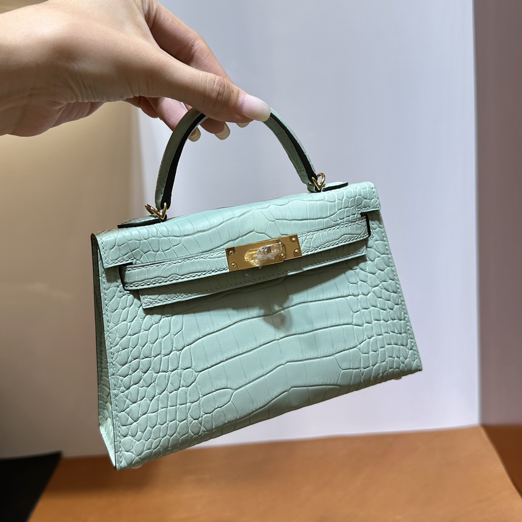 愛馬仕凱莉迷你款價格Hermes Kelly Mini Sellier 霧面“口“方塊美洲鱷魚皮 Vert D’Eau新薄荷綠