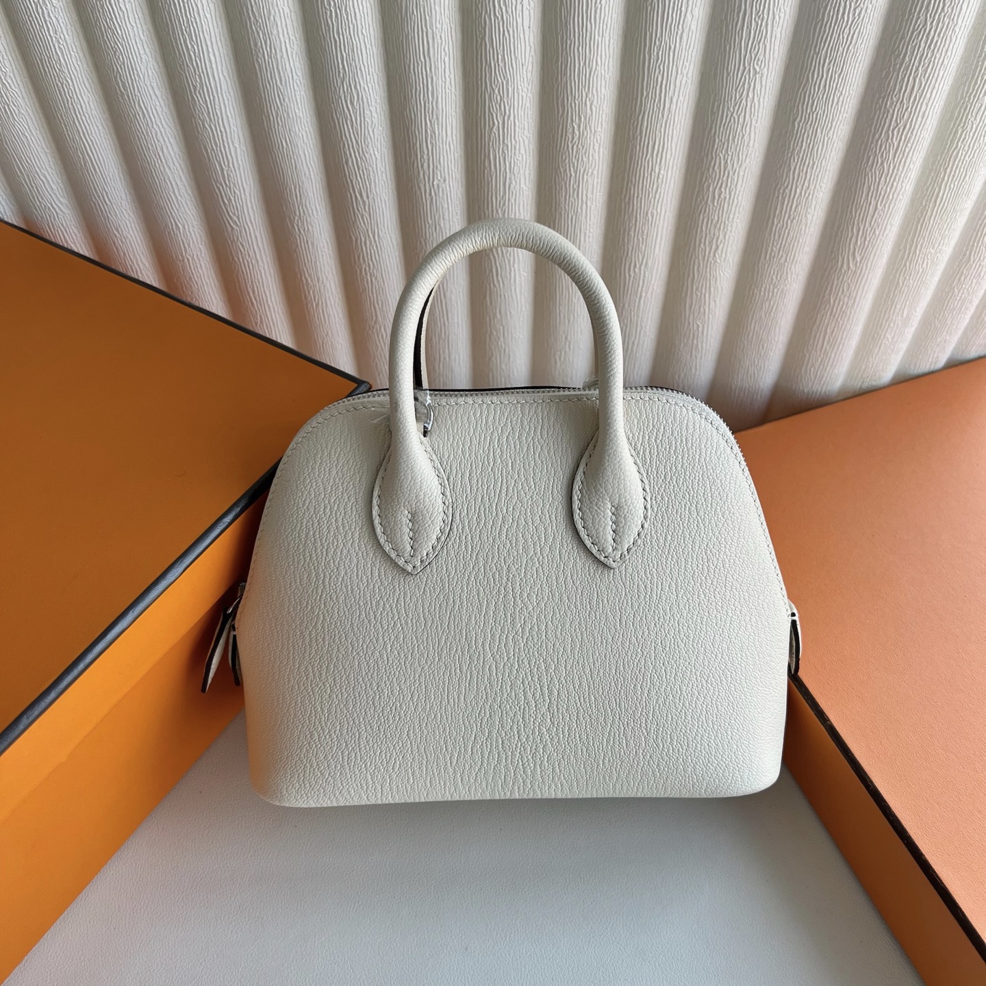 愛馬仕保齡球包mini尺寸Hermes Mini Bolide Chever Nata 奶油白 銀色五金