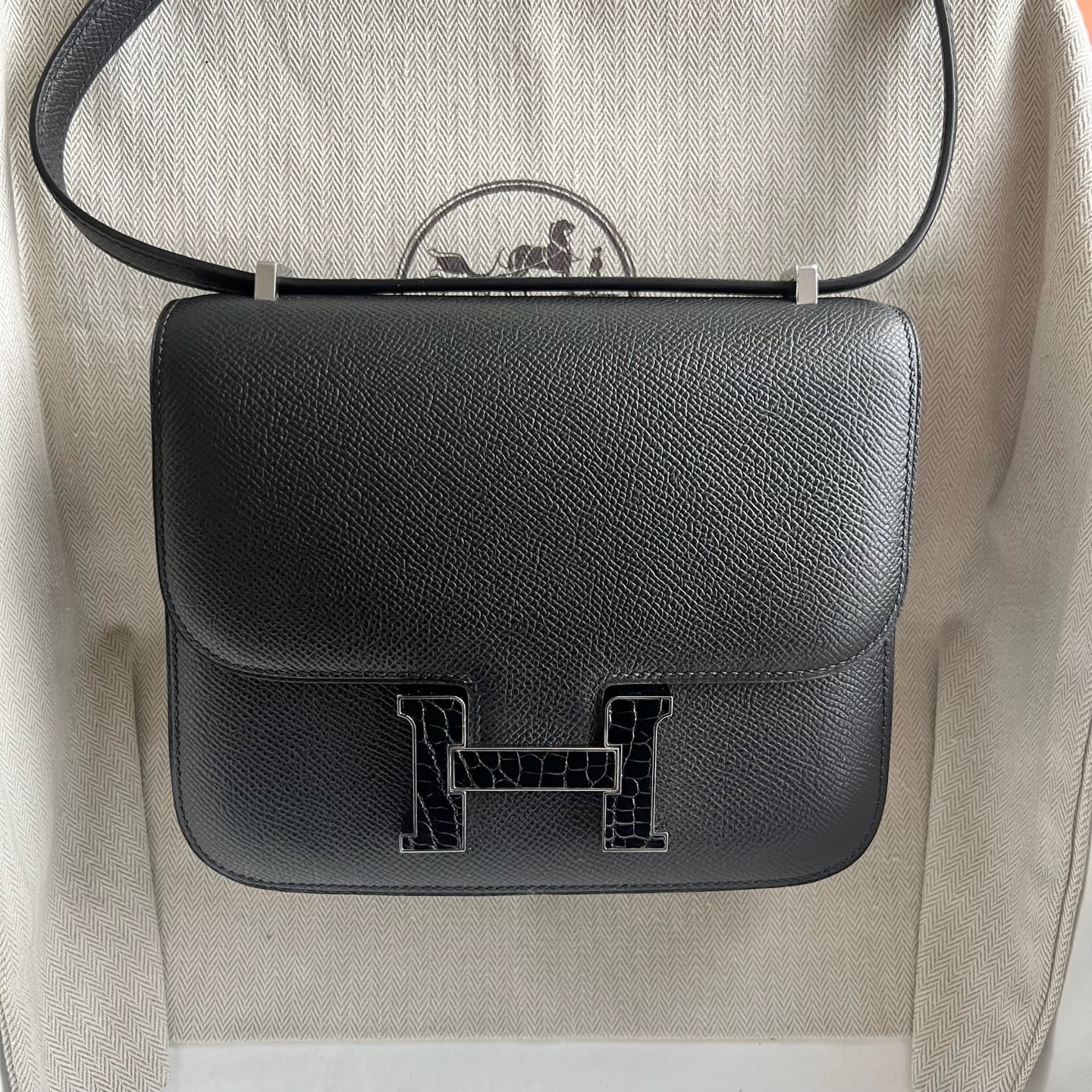 愛馬仕空姐包網站價格 Hermes Constance 18 Epsom Noir黑色拼鱷魚扣