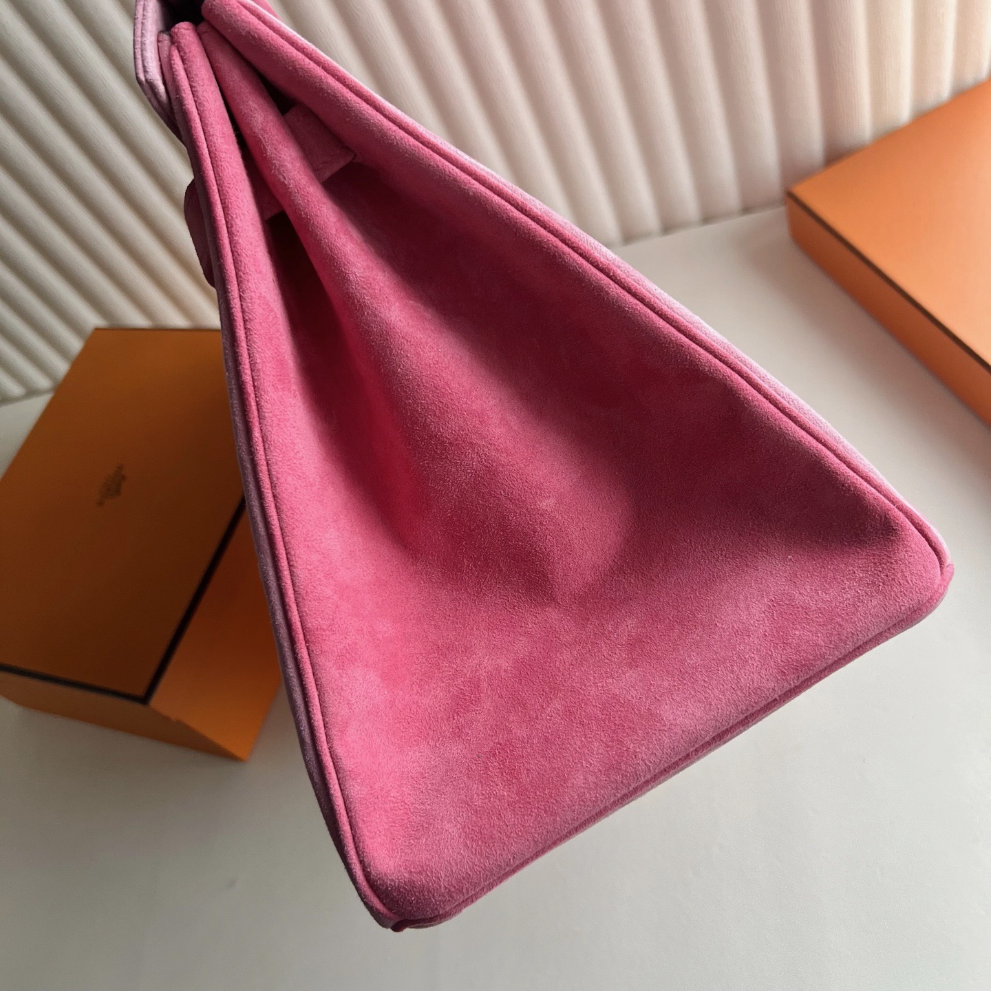 新加坡愛馬仕鉑金包35寸專櫃價格 Hermes Birkin 35 麂皮 G5 Bois de Rose乾枯玫瑰粉 磨砂銀扣