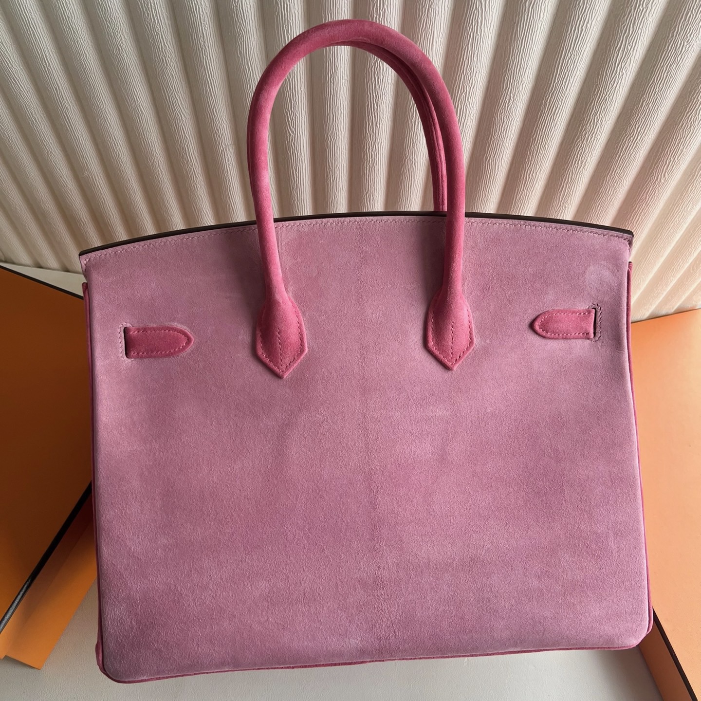 新加坡愛馬仕鉑金包35寸專櫃價格 Hermes Birkin 35 麂皮 G5 Bois de Rose乾枯玫瑰粉 磨砂銀扣