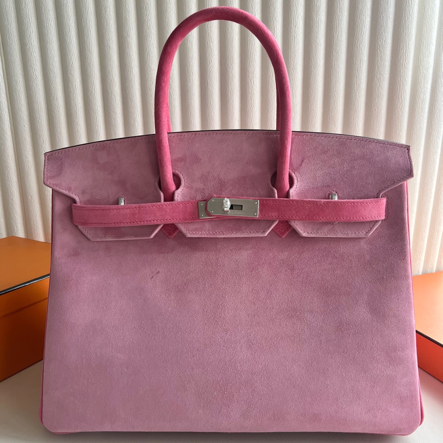 新加坡愛馬仕鉑金包35寸專櫃價格 Hermes Birkin 35 麂皮 G5 Bois de Rose乾枯玫瑰粉 磨砂銀扣