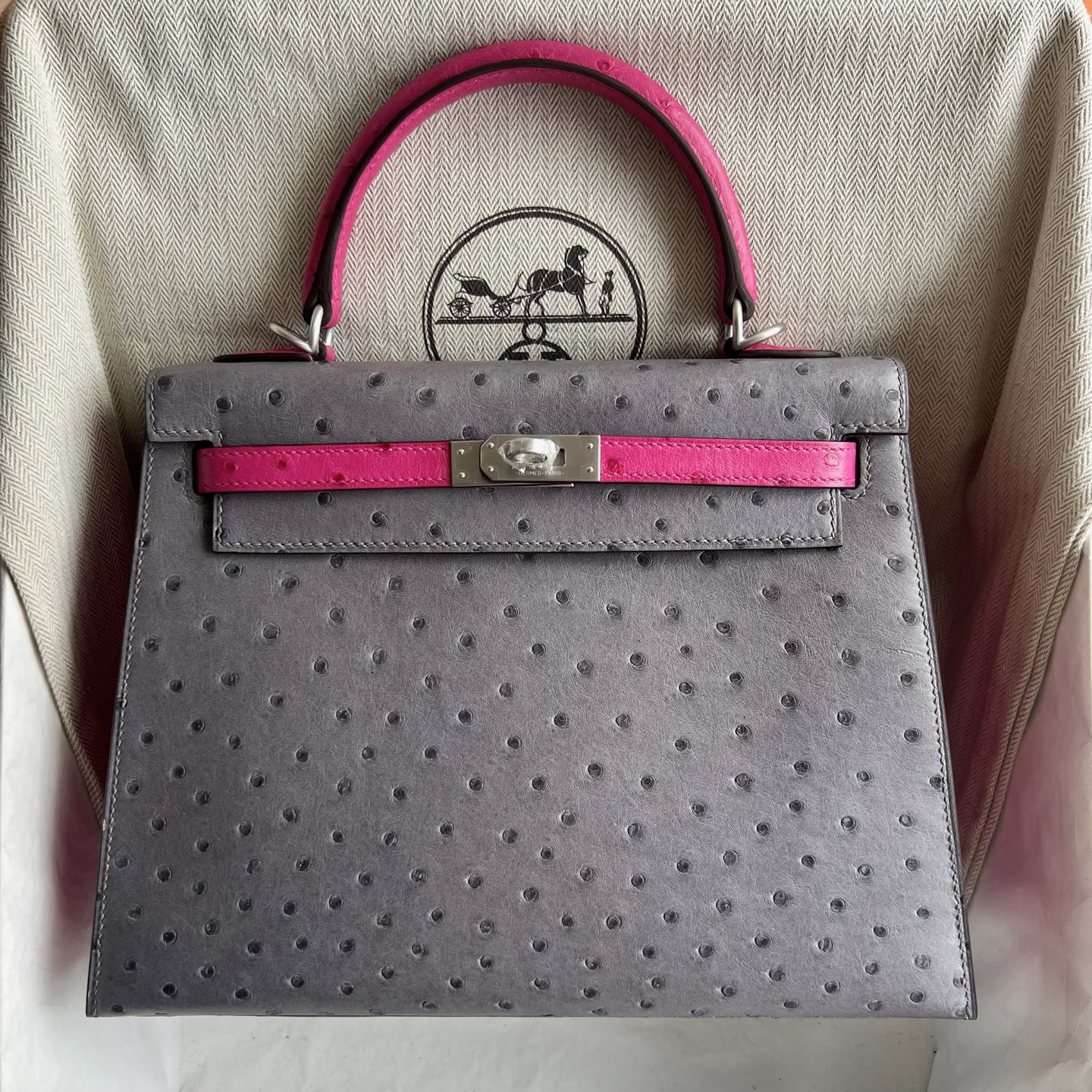 馬來西亞愛馬仕凱莉25多少錢 Hermes Kelly Sellier 25 Ostrich Gris Agathe瑪瑙灰/ Rose Tyrien桃紅色 磨砂銀扣