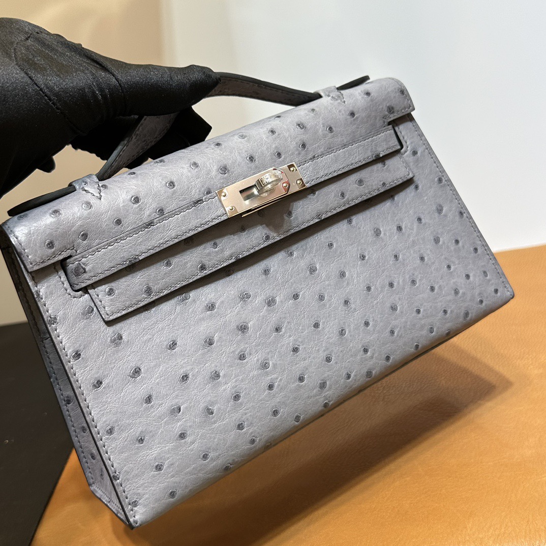 愛馬仕經典女包推薦Hermes Mini Kelly Pochette Ostrich Blue agate瑪瑙灰
