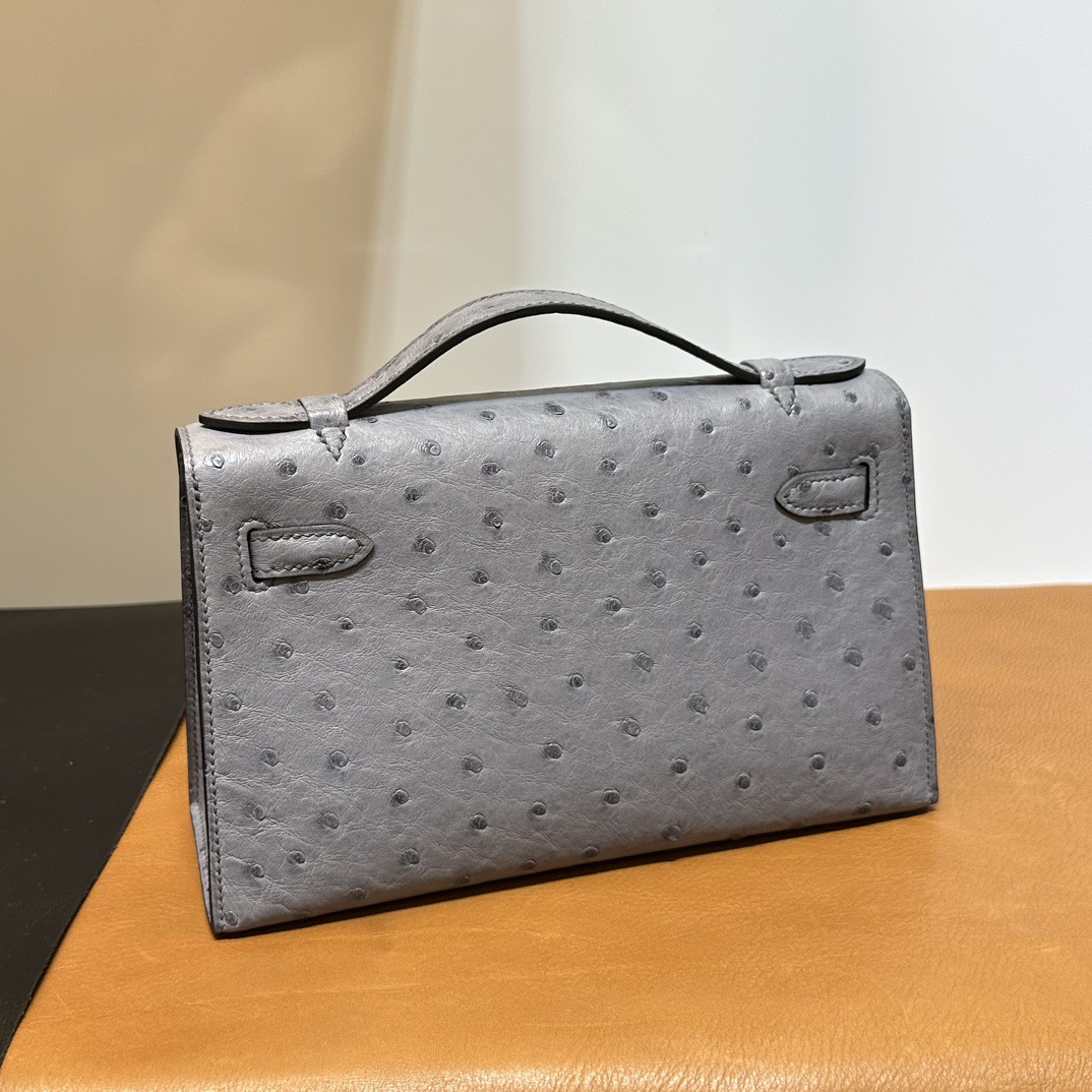 愛馬仕經典女包推薦Hermes Mini Kelly Pochette Ostrich Blue agate瑪瑙灰