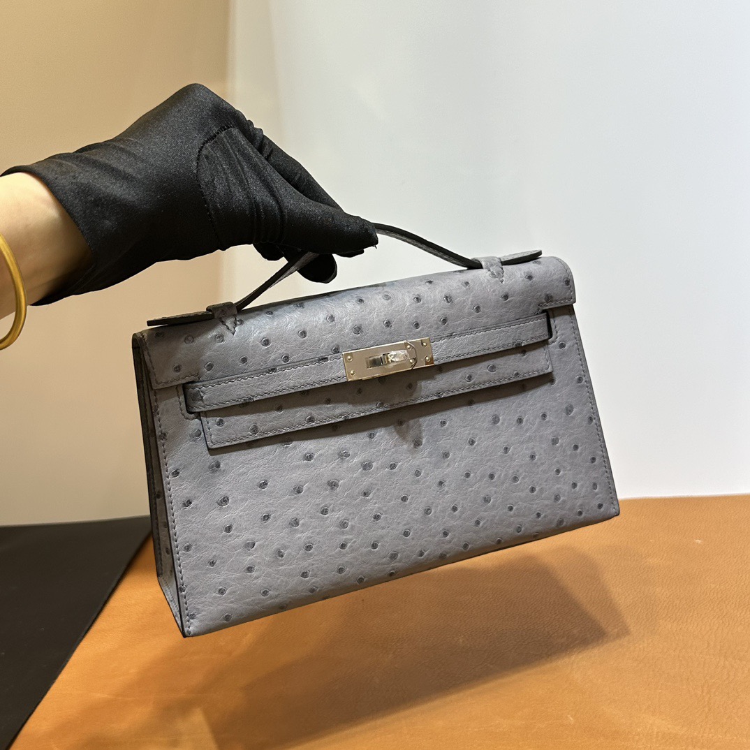 愛馬仕經典女包推薦Hermes Mini Kelly Pochette Ostrich Blue agate瑪瑙灰