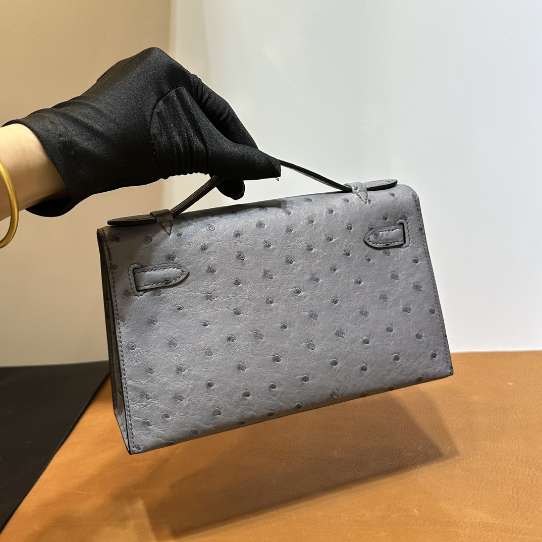愛馬仕經典女包推薦Hermes Mini Kelly Pochette Ostrich Blue agate瑪瑙灰