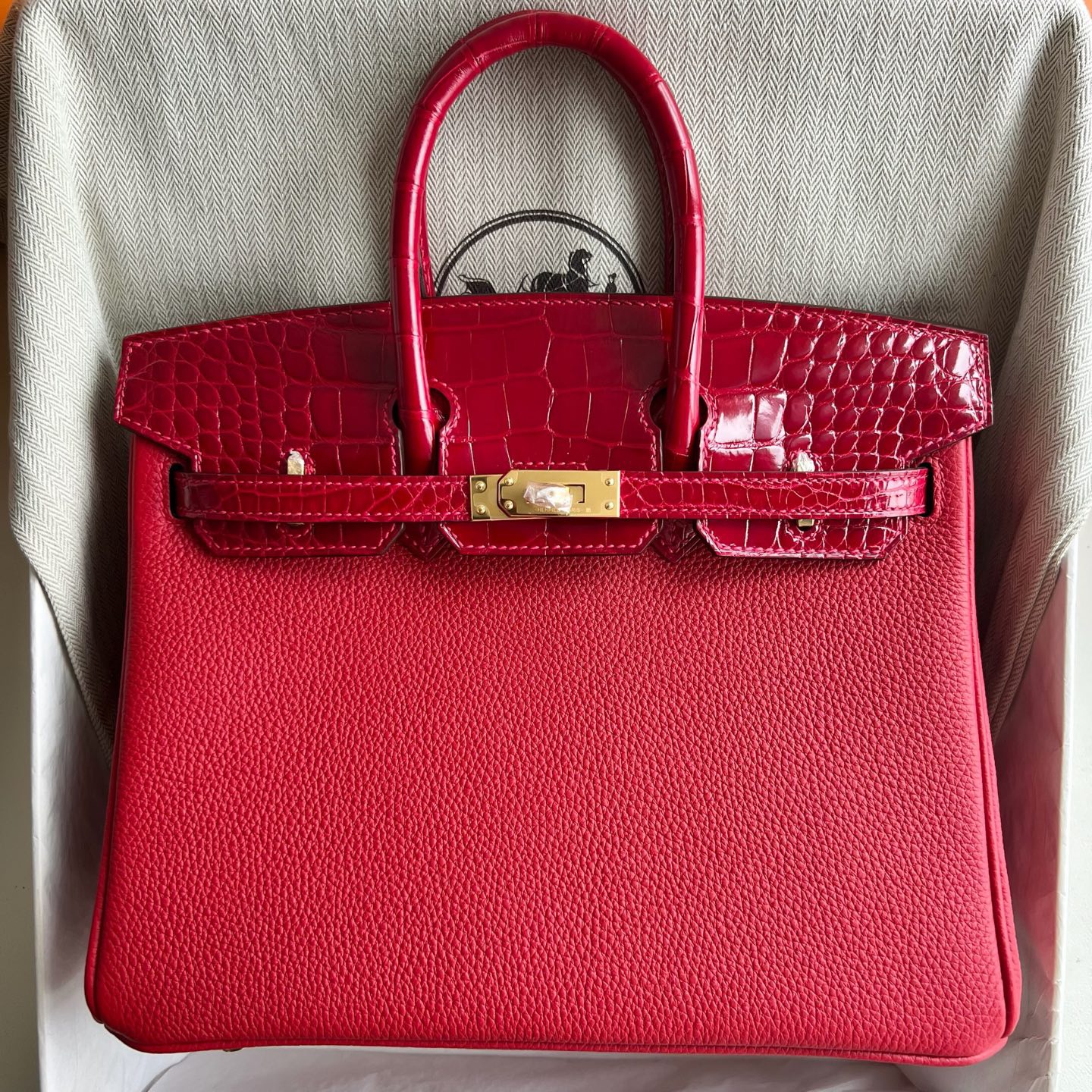 愛馬仕鉑金包配貨要配多少 Hermes Birkin 25 Touch Togo/霧面美洲鱷魚 Q5 Rouge Casaque國旗紅