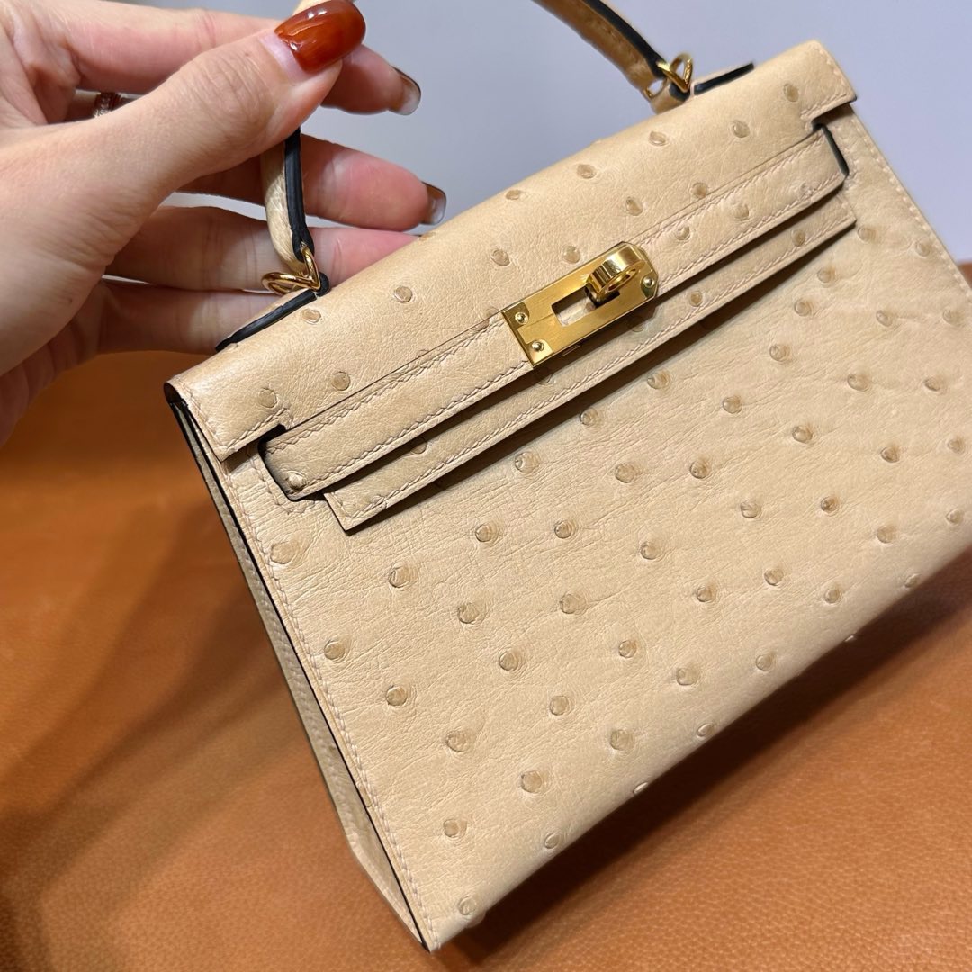 愛馬仕二代凱莉mini價格 Hermes Kelly Mini Sellier Ostrich 0M Chai奶茶色 金色五金