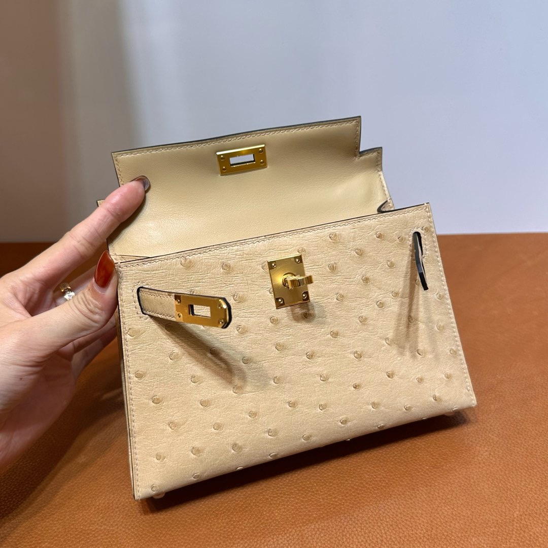 愛馬仕二代凱莉mini價格 Hermes Kelly Mini Sellier Ostrich 0M Chai奶茶色 金色五金