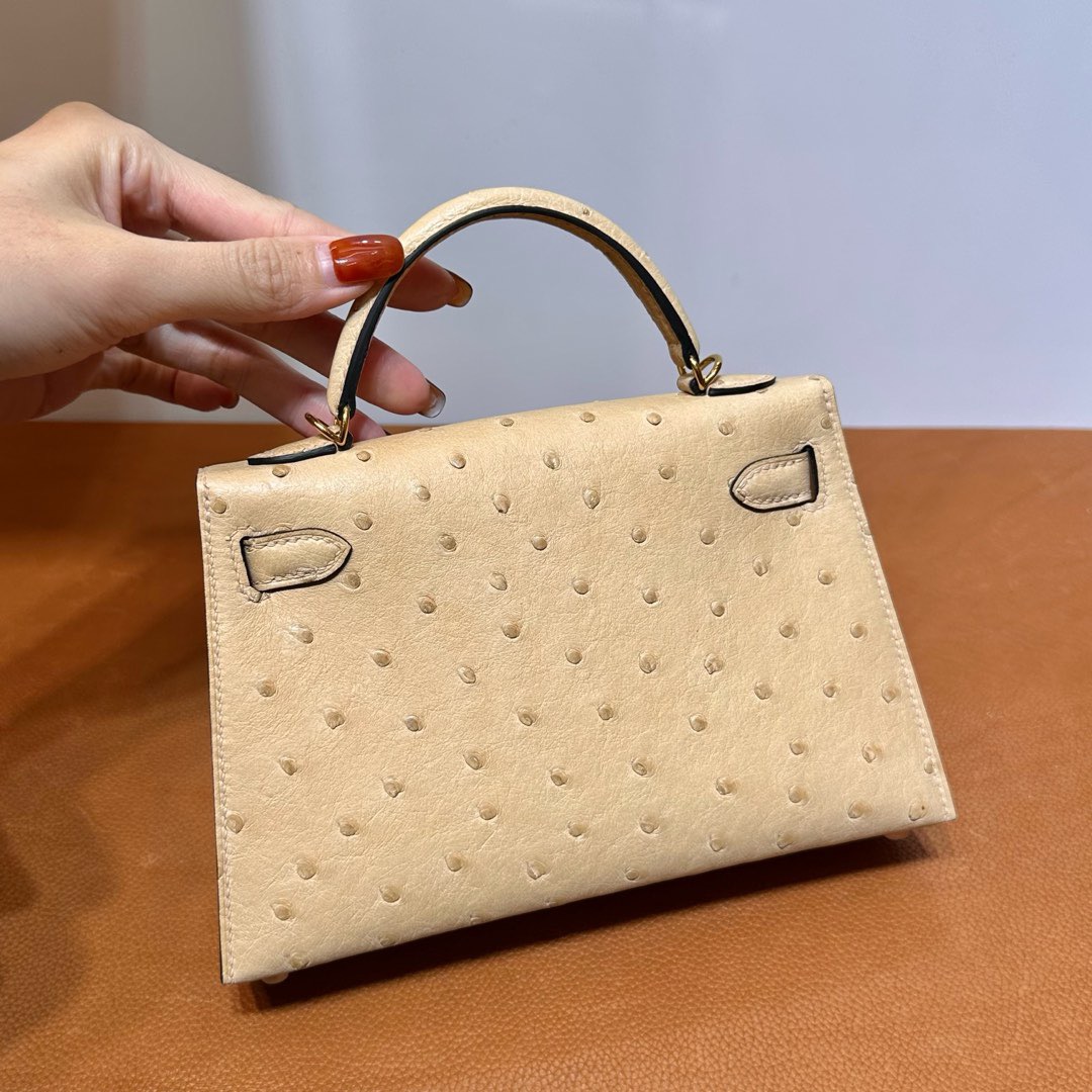 愛馬仕二代凱莉mini價格 Hermes Kelly Mini Sellier Ostrich 0M Chai奶茶色 金色五金