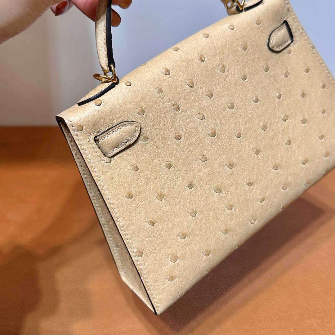 愛馬仕二代凱莉mini價格 Hermes Kelly Mini Sellier Ostrich 0M Chai奶茶色 金色五金