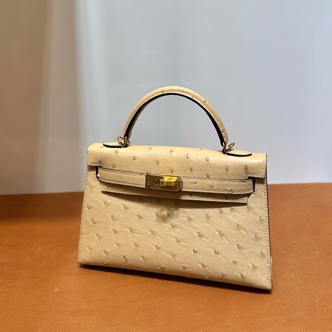 愛馬仕二代凱莉mini價格 Hermes Kelly Mini Sellier Ostrich 0M Chai奶茶色 金色五金