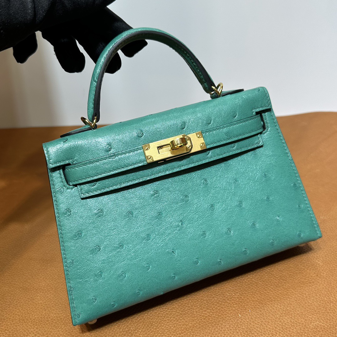 愛馬仕凱莉mini二代尺寸 Hermes Kelly Mini Sellier Ostrich Lagon湖水綠 金色五金