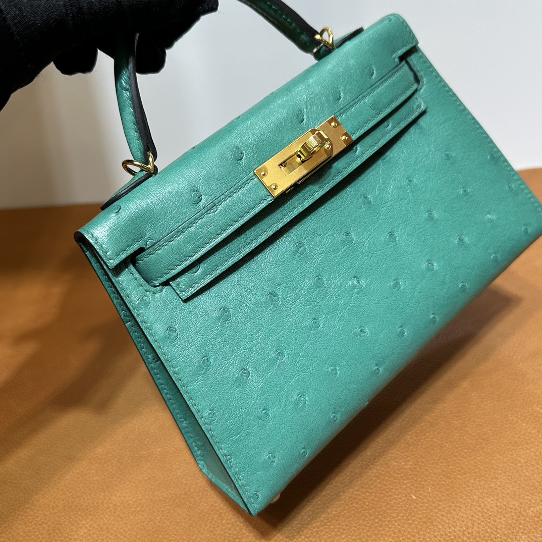 愛馬仕凱莉mini二代尺寸 Hermes Kelly Mini Sellier Ostrich Lagon湖水綠 金色五金