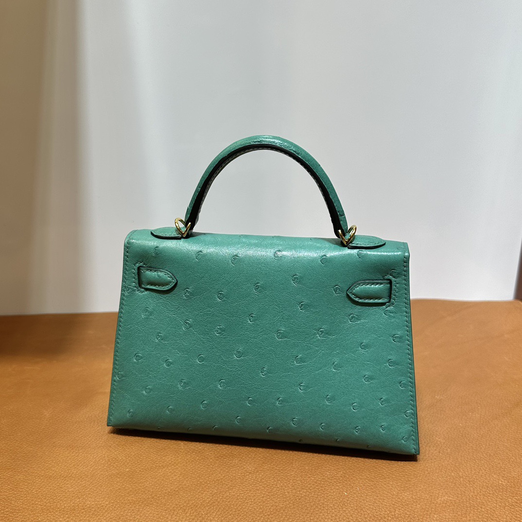 愛馬仕凱莉mini二代尺寸 Hermes Kelly Mini Sellier Ostrich Lagon湖水綠 金色五金