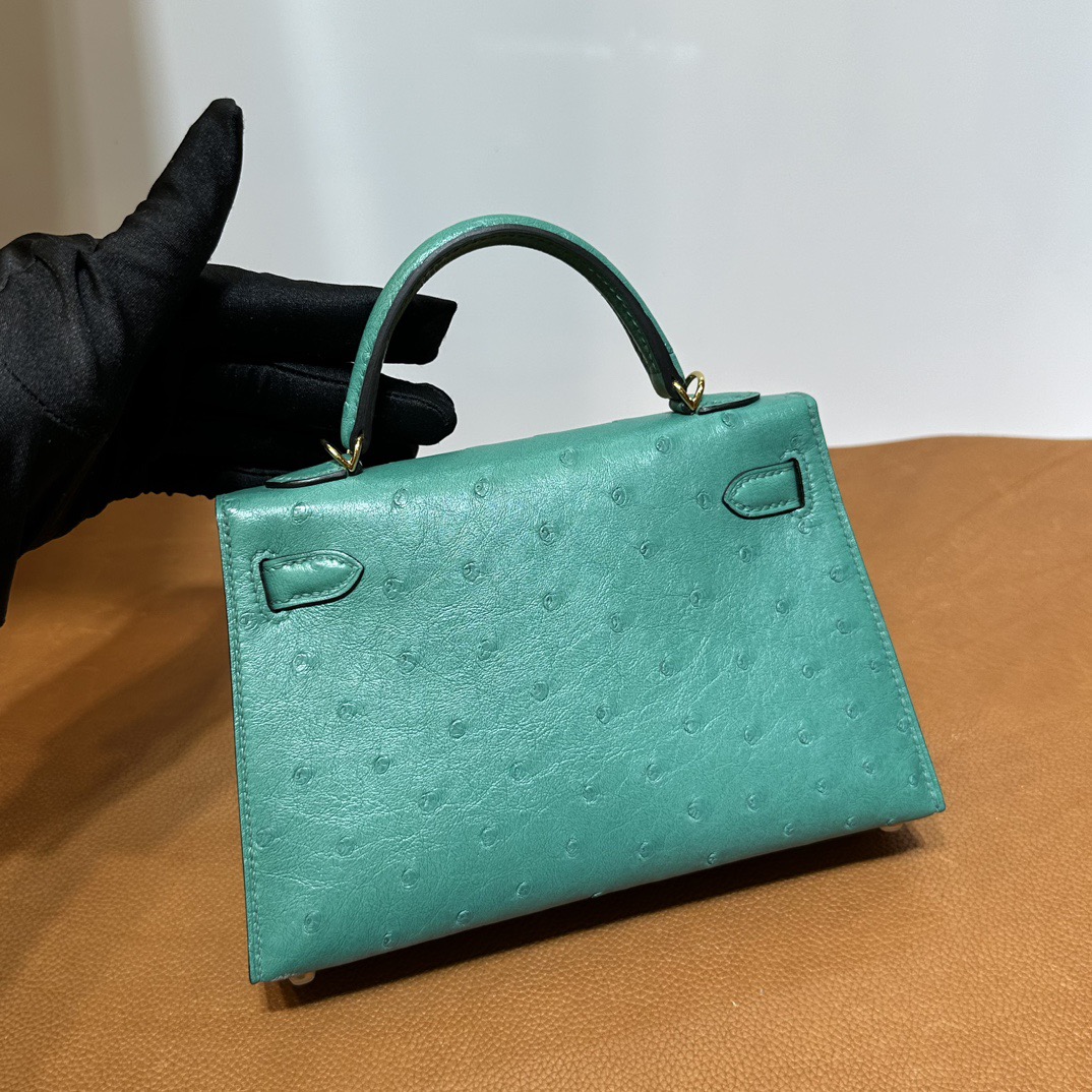 愛馬仕凱莉mini二代尺寸 Hermes Kelly Mini Sellier Ostrich Lagon湖水綠 金色五金
