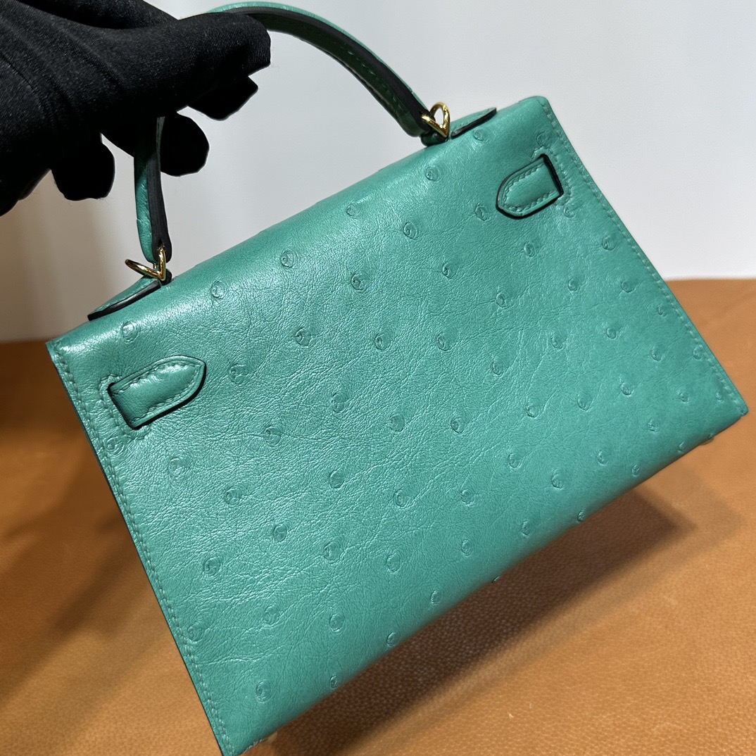 愛馬仕凱莉mini二代尺寸 Hermes Kelly Mini Sellier Ostrich Lagon湖水綠 金色五金