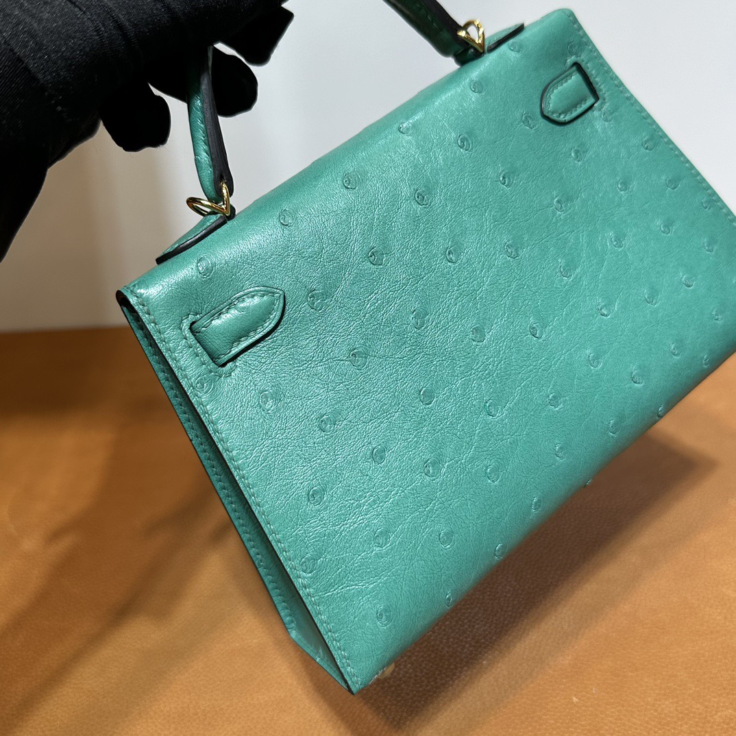 愛馬仕凱莉mini二代尺寸 Hermes Kelly Mini Sellier Ostrich Lagon湖水綠 金色五金