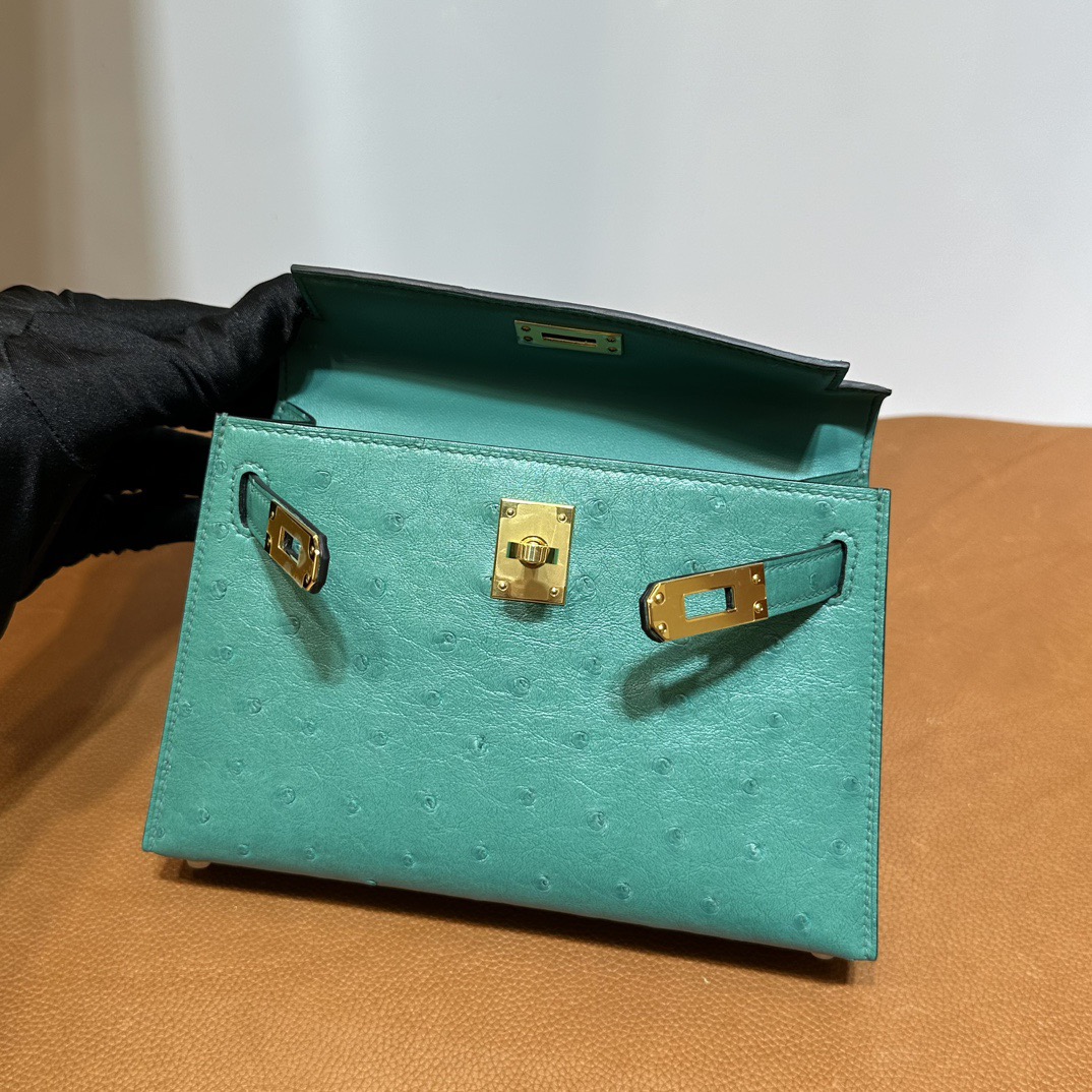 愛馬仕凱莉mini二代尺寸 Hermes Kelly Mini Sellier Ostrich Lagon湖水綠 金色五金