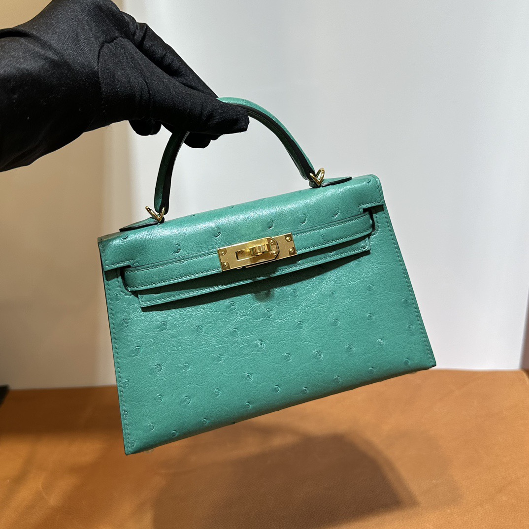 愛馬仕凱莉mini二代尺寸 Hermes Kelly Mini Sellier Ostrich Lagon湖水綠 金色五金