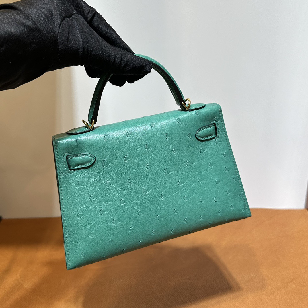 愛馬仕凱莉mini二代尺寸 Hermes Kelly Mini Sellier Ostrich Lagon湖水綠 金色五金