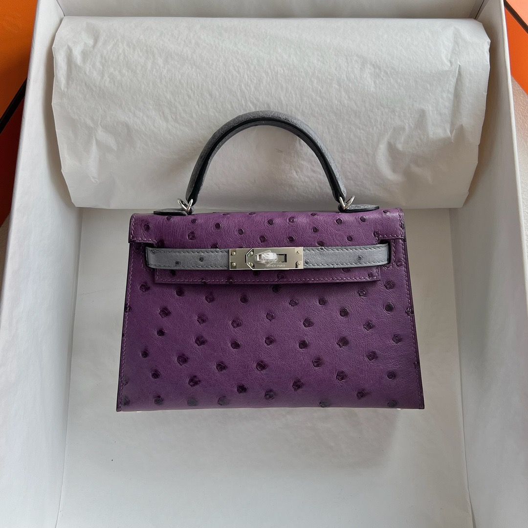 愛馬仕凱莉迷你款價格 Hermès Special Order HSS Kelly Mini Sellier Ostrich Violet紫羅蘭/Gris agate瑪瑙灰