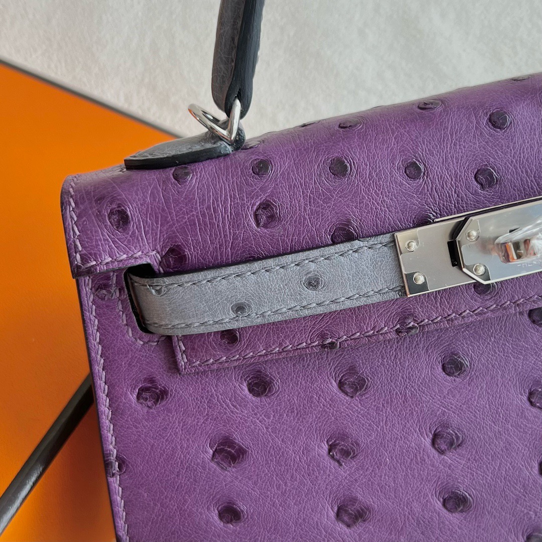 愛馬仕凱莉迷你款價格 Hermès Special Order HSS Kelly Mini Sellier Ostrich Violet紫羅蘭/Gris agate瑪瑙灰